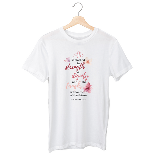 She is clothed in strength and dignity T shirt - White/Black/Maroon