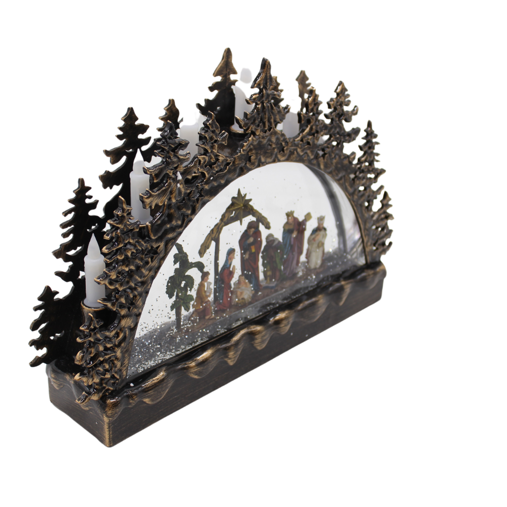 Christmas Nativity Scene Water Globe with Christmas Trees & LED Candles