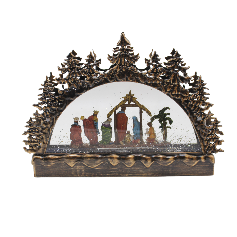 Christmas Nativity Scene Water Globe with Christmas Trees & LED Candles