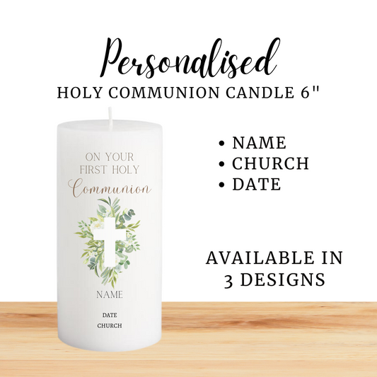 Personalised White Pillar Candle for First Holy Communion 15cm