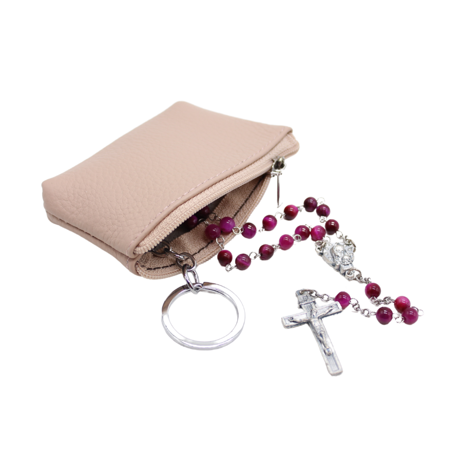 Leather Rosary pouch With Zipper - Nude/Black