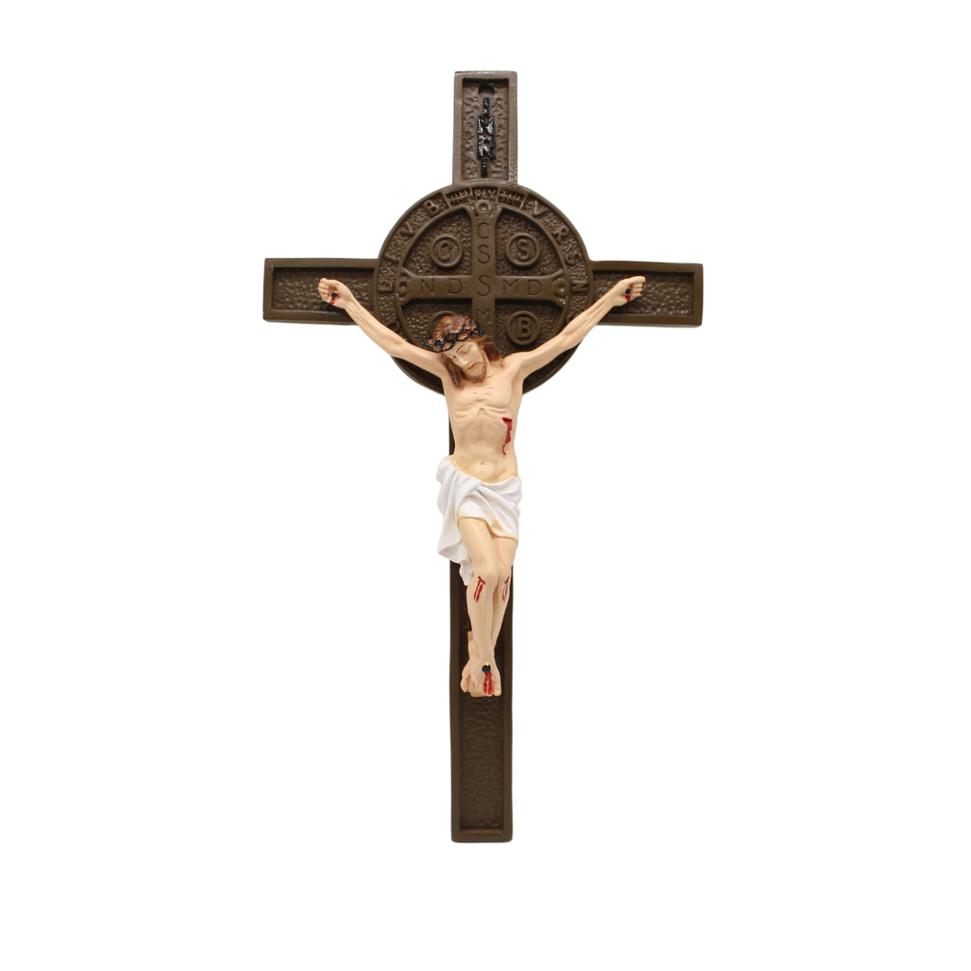 Polystone Handpainted St Benedict Wall Crucifix - 46cm