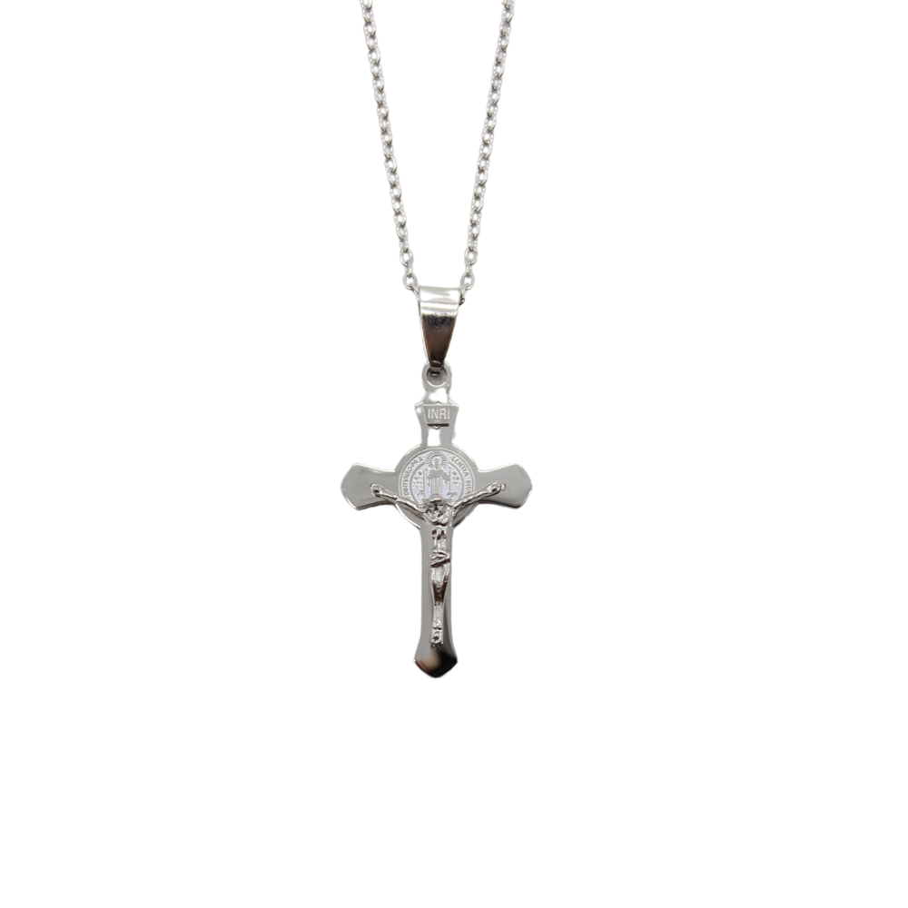 Stainless Steel St Benedict 4.5cm Crucifix/Chain - Silver