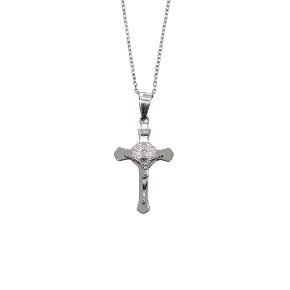 Stainless Steel St Benedict 4.5cm Crucifix/Chain - Silver