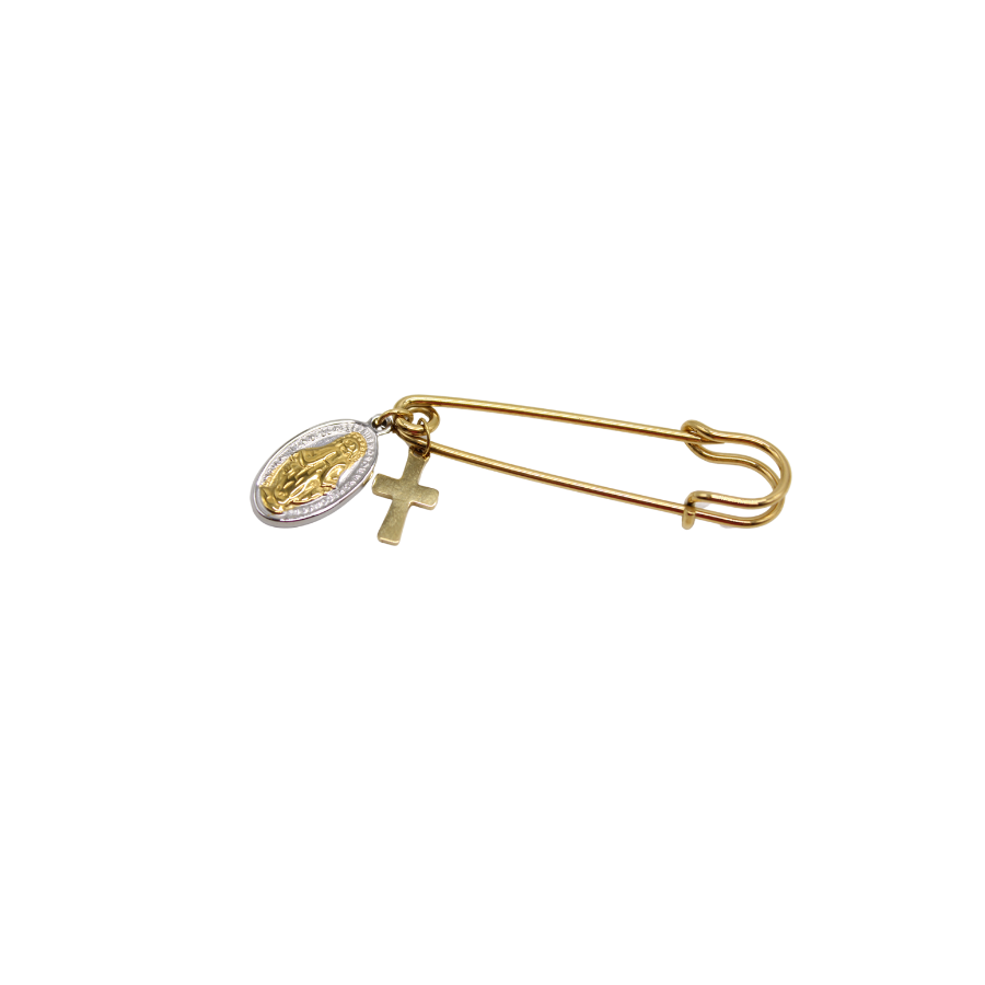 Stainless steel Gold plated Baby Cross/Miraculous Medal Pin Brooch - (Personalisation Available)