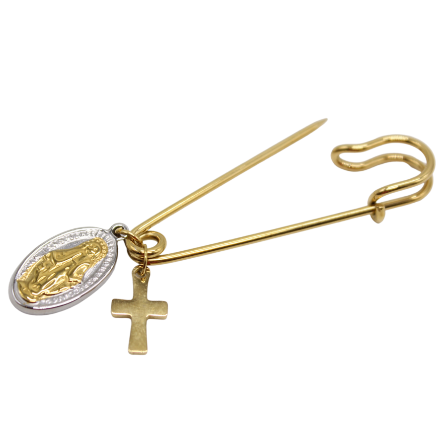 Stainless steel Gold plated Baby Cross/Miraculous Medal Pin Brooch - (Personalisation Available)