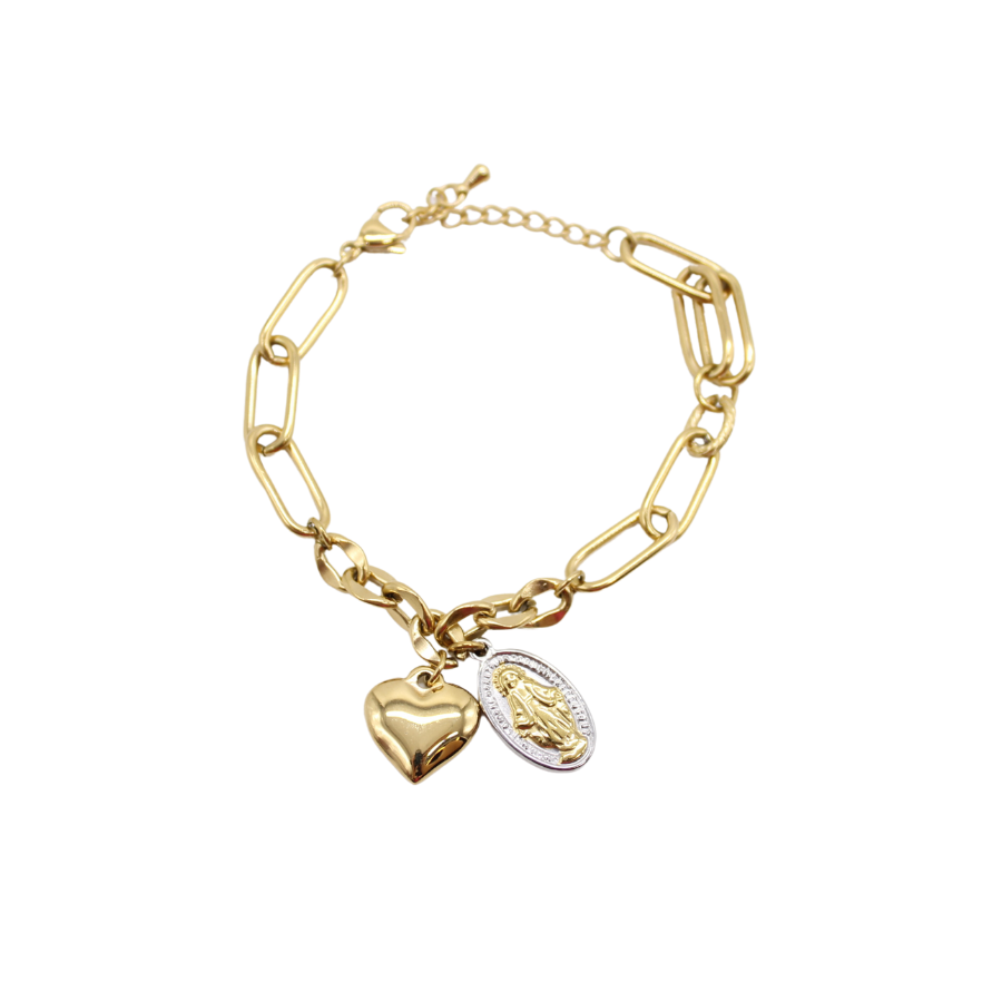 Stainless Steel Miraculous Medal /Heart Charm Bracelet (Gold plated)
