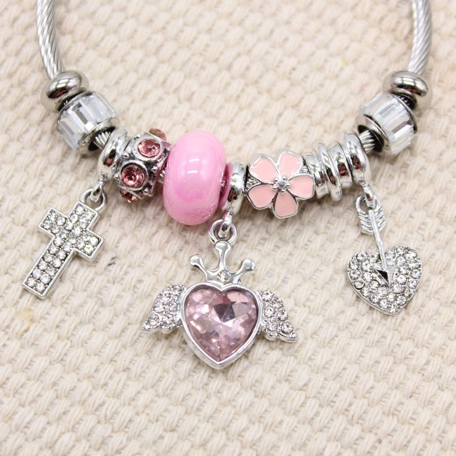 Stainless steel Multiple Charms Bracelet - Pink