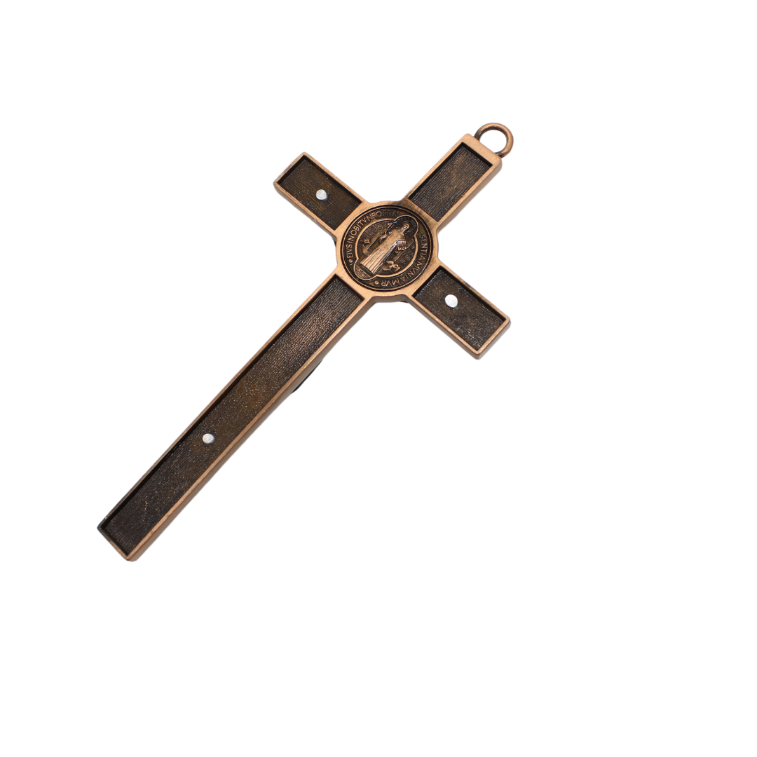 Metal St Benedict Wall Crucifix - 18cm (Brown/Bronze gold/Copper Red)
