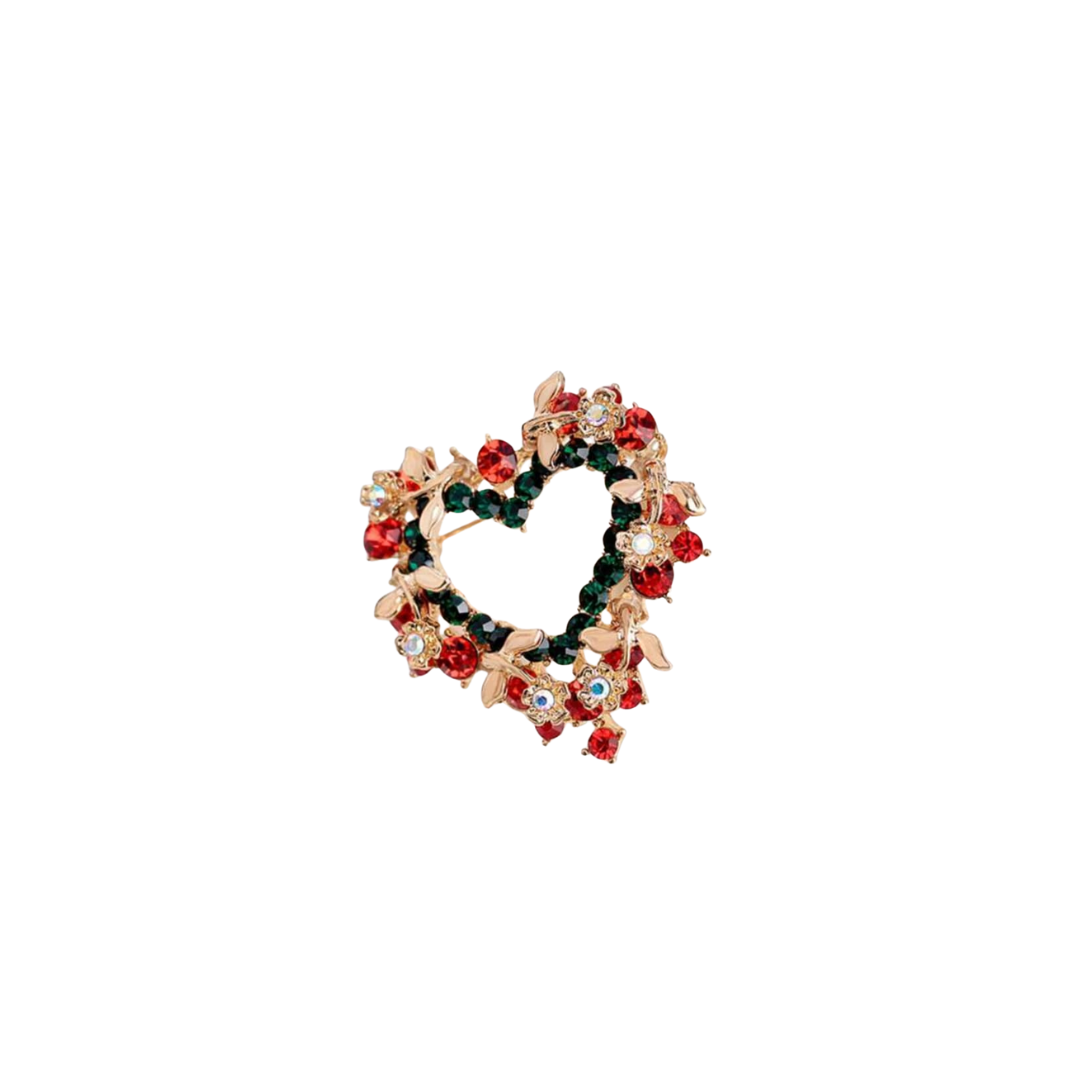 Christmas Heart Shape Wreath Brooch Pin - 18K Plated