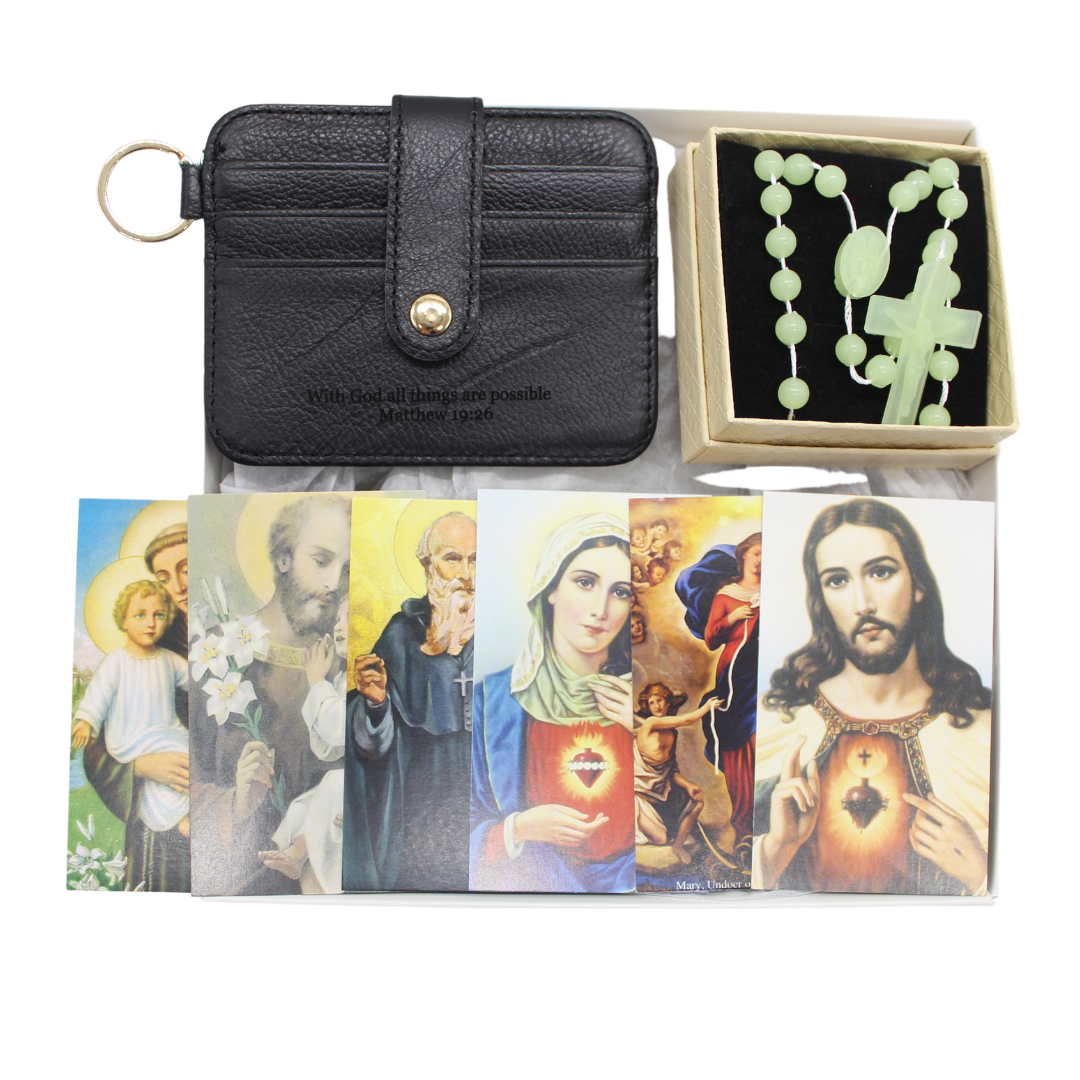 Leather Engraved Rosary Pouch/Prayer Cards Box Set