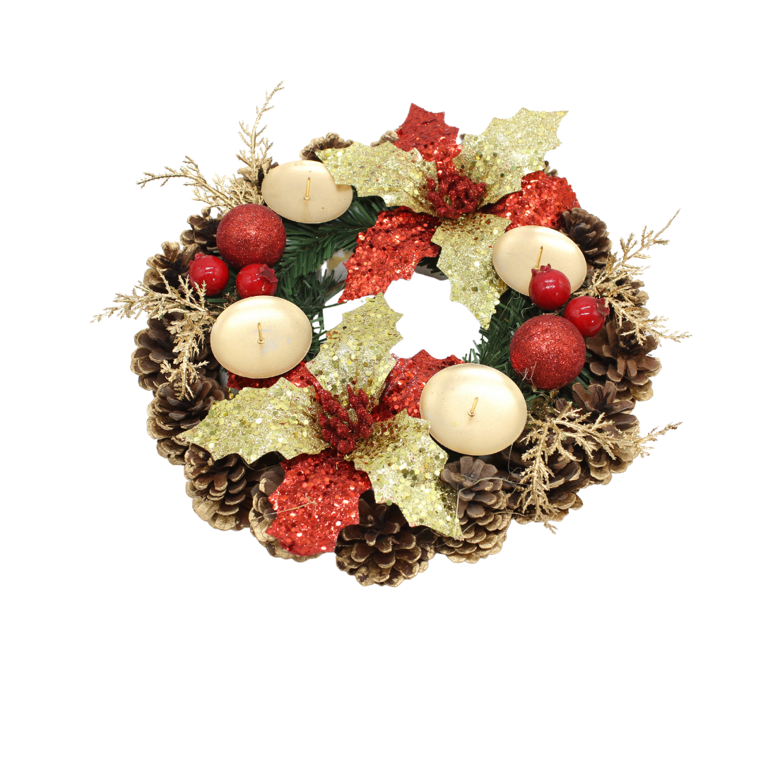 Christmas Advent Wreath 11" (Gold Red Ponsettas) + 4 Advent Candles (FOC Christmas Candle)