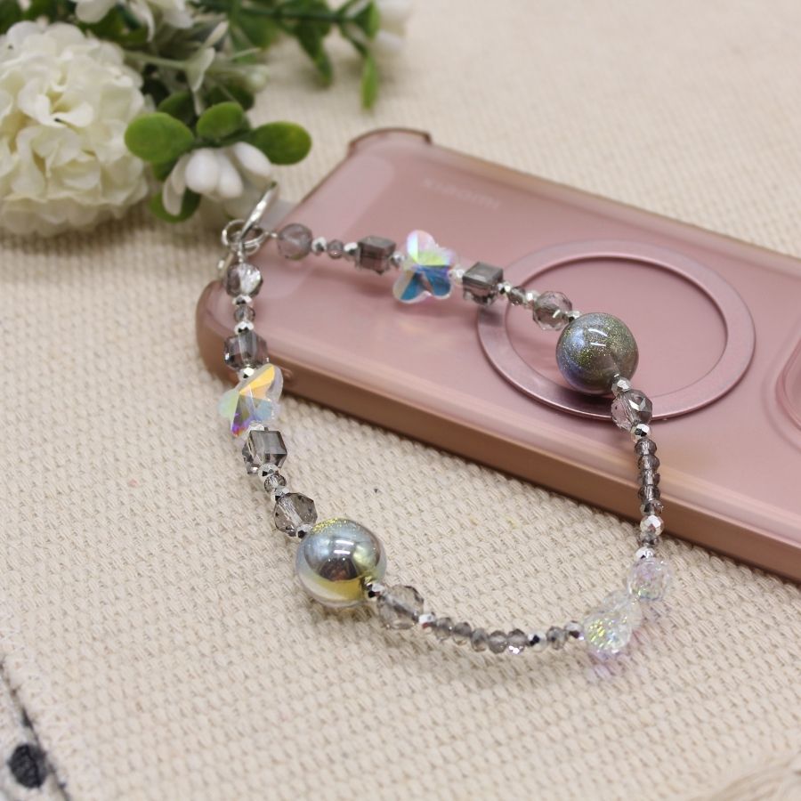 Crystal Pendant Handphone Wrist Chain - Grey