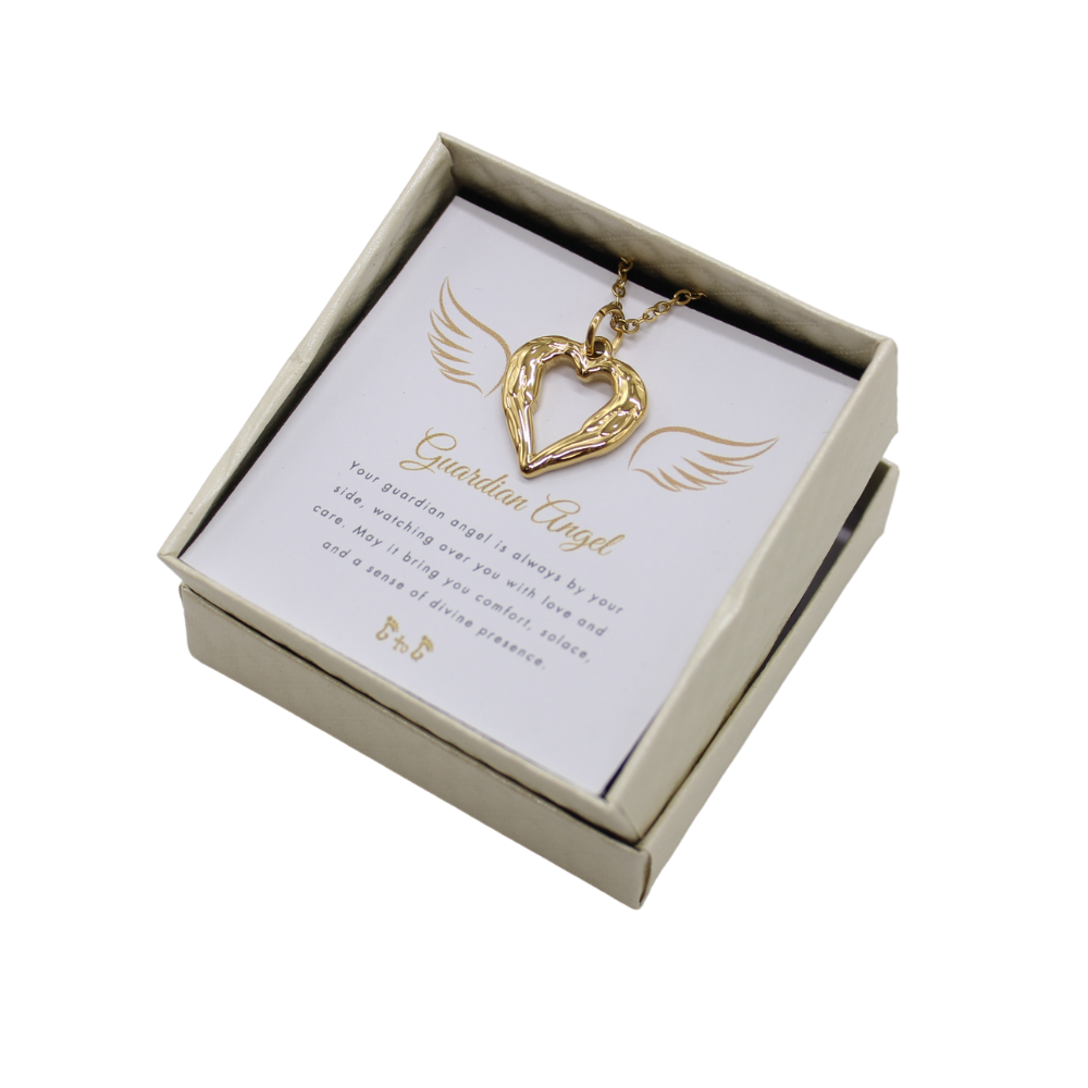 Stainless Steel Gold-Plated Heart-Shaped Angel Wings Pendant/Chain set