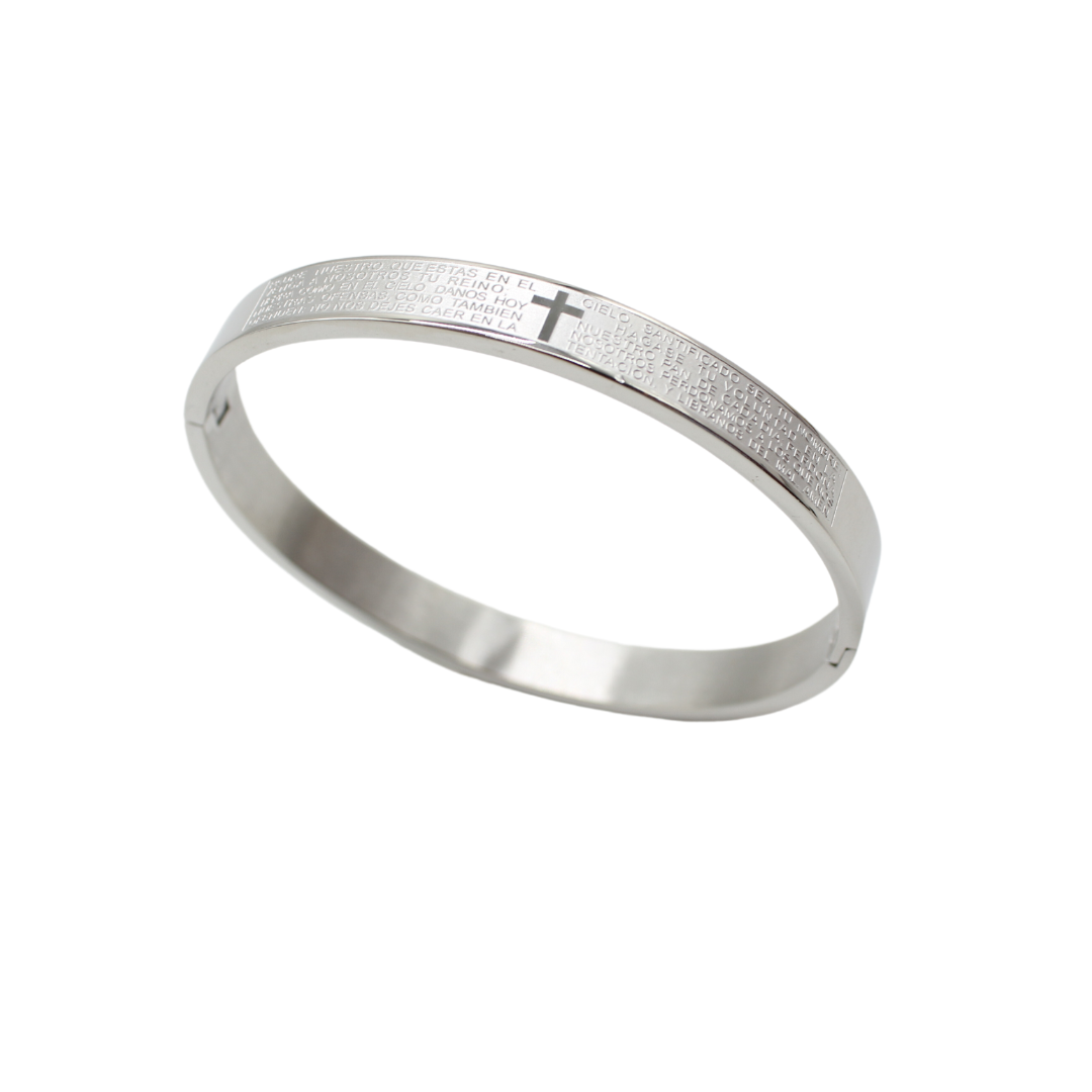 Stainless Steel Bangle with Our Father's Prayer (Silver)
