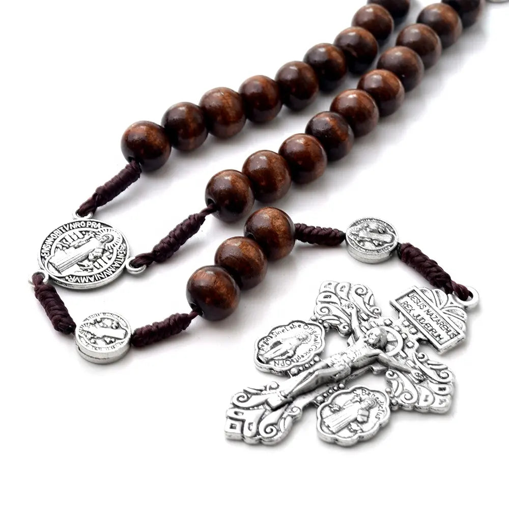 Pardon Crucifix Wood St Benedict Rosary 10mm (Dark Brown/Light brown)