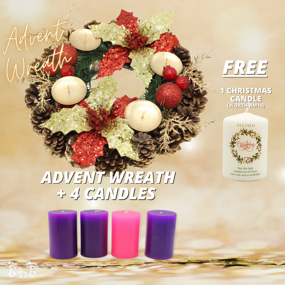 Christmas Advent Wreath 11" (Gold Red Ponsettas) + 4 Advent Candles (FOC Christmas Candle)