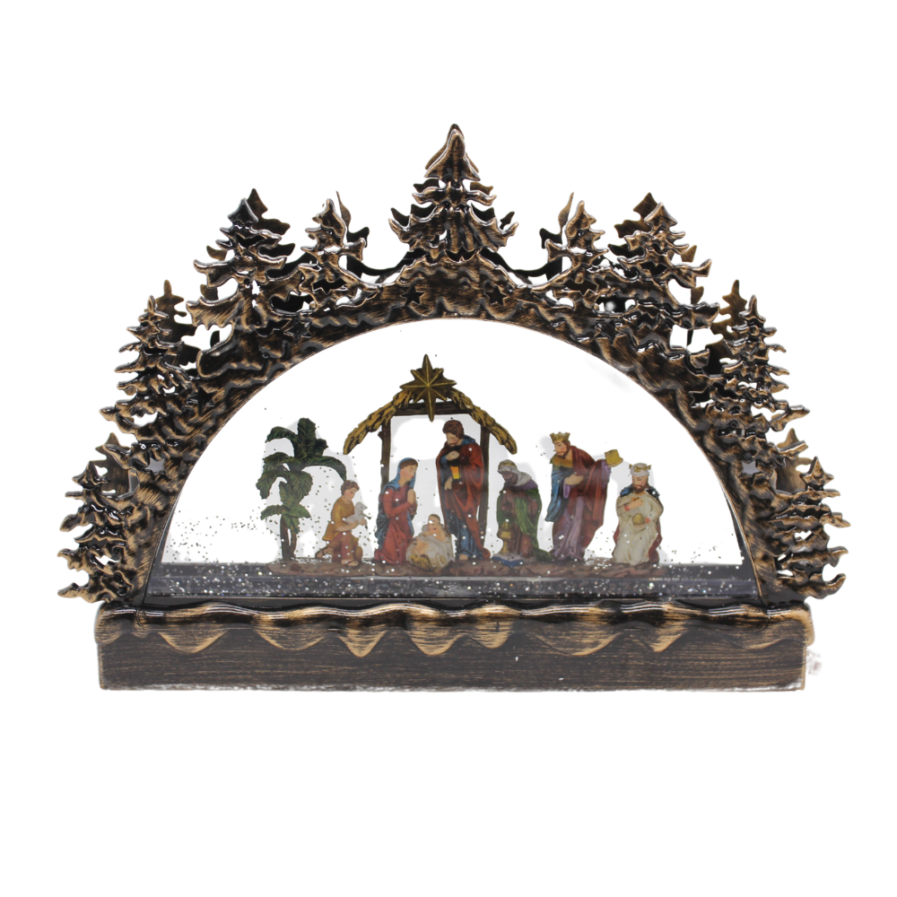 Christmas Nativity Scene Water Globe with Christmas Trees & LED Candles