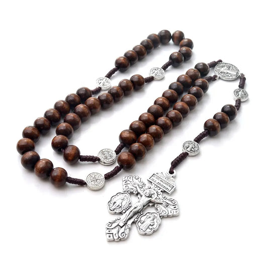 Pardon Crucifix Wood St Benedict Rosary 10mm (Dark Brown/Light brown)