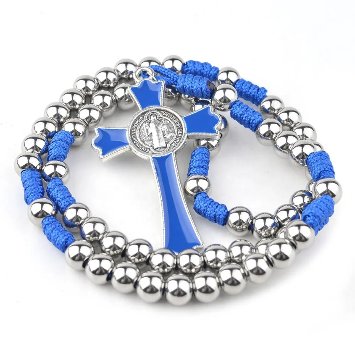 Stainless Steel 8mm Beads/Paracord Rosary - Silver/Blue Cord/St Benedict crucifix