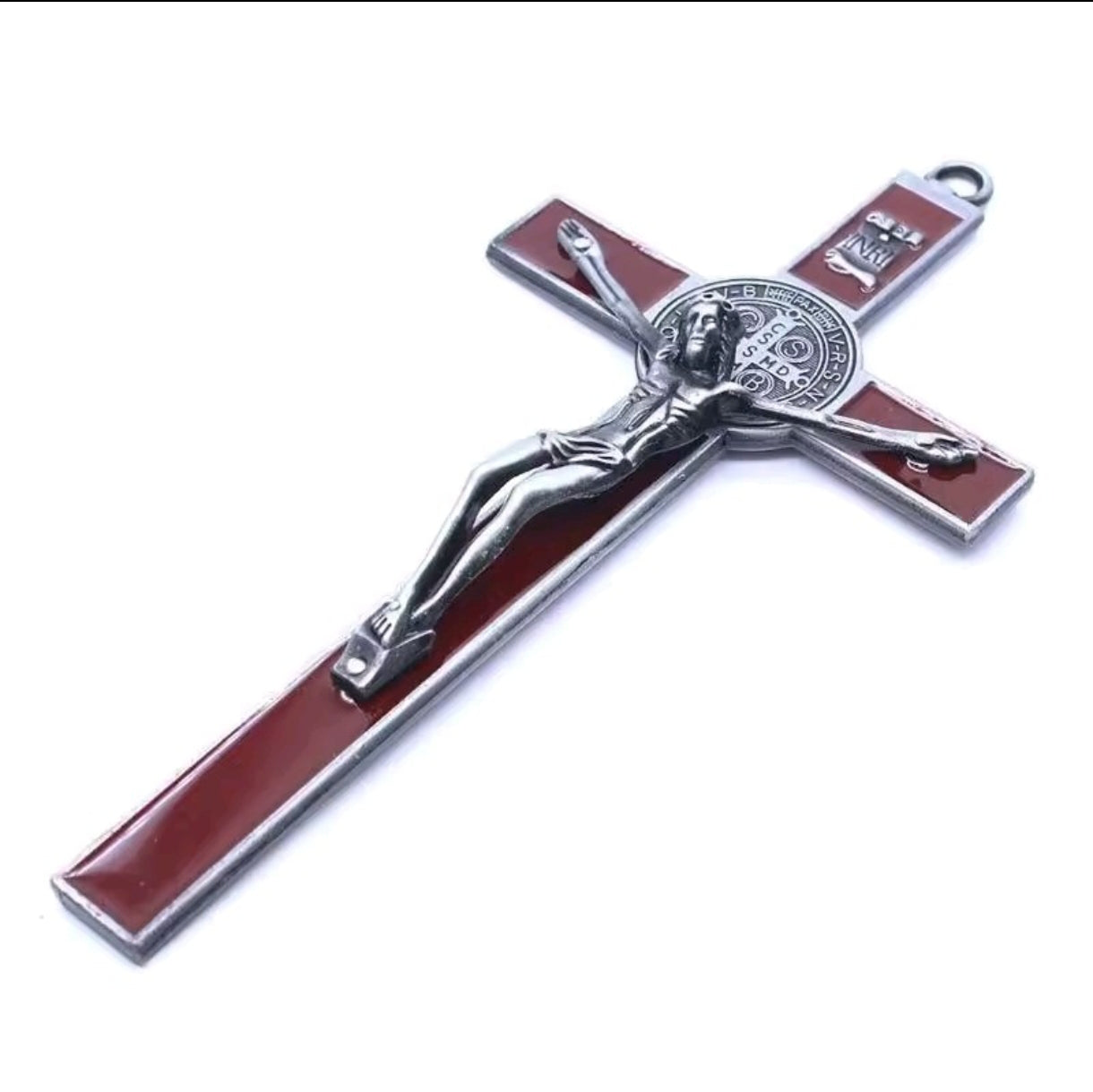 Metal St Benedict Wall Crucifix - 18cm (Brown/Bronze gold/Copper Red)