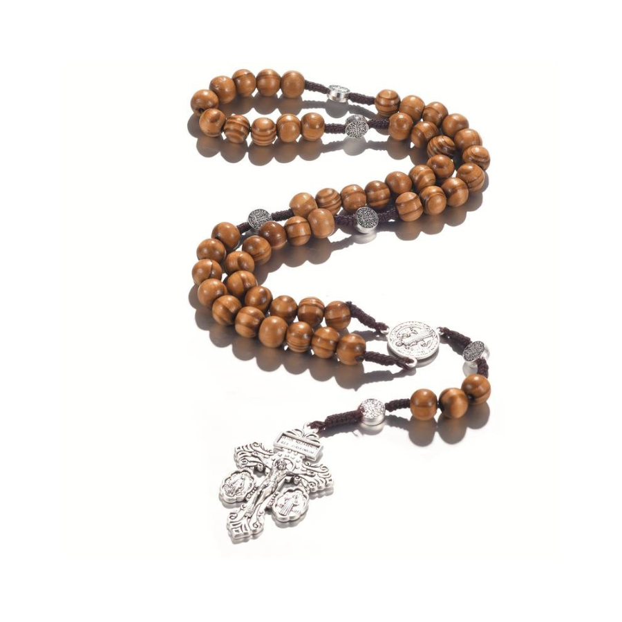 Pardon Crucifix Wood St Benedict Rosary 10mm (Dark Brown/Light brown)