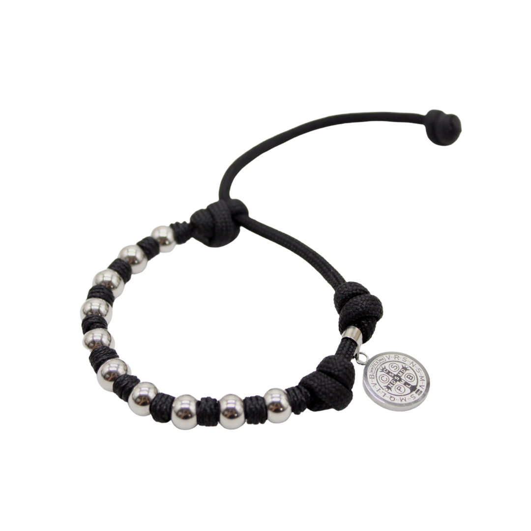 {Stainless Steel Beads /Paracord Rosary Bracelet - Silver/Black Cord (Personalisation Available)