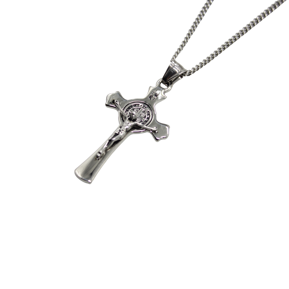 Stainless Steel St Benedict Crucifix/Chain - Silver (6cm)