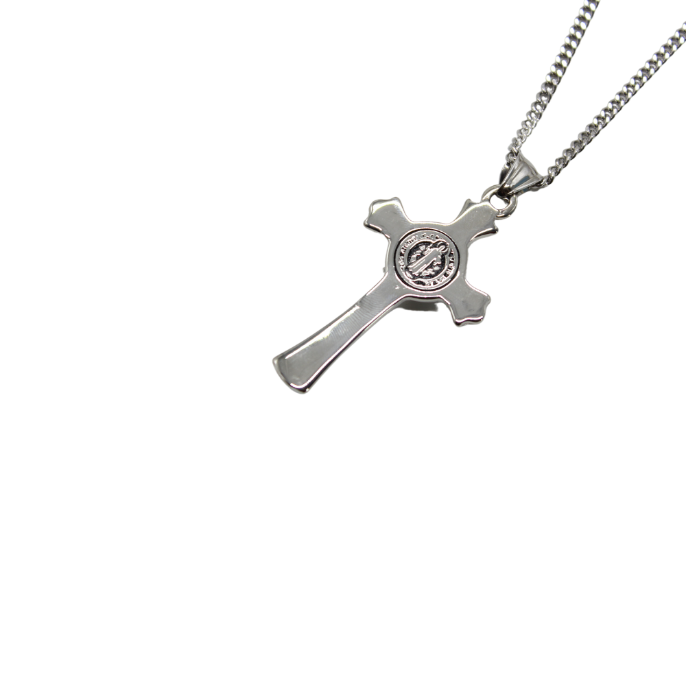 Stainless Steel St Benedict Crucifix/Chain - Silver (6cm)
