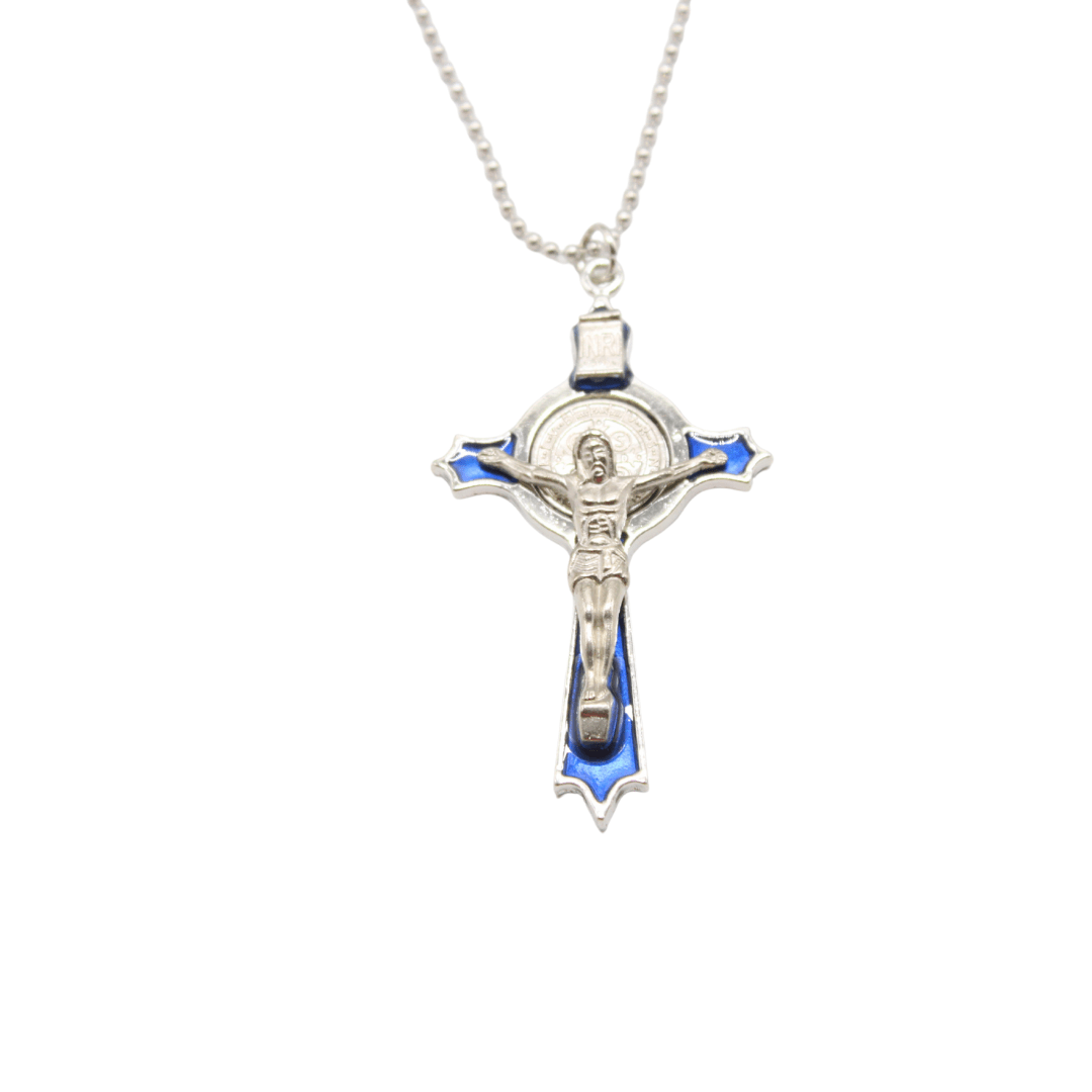 Alloy St Benedict Crucifix/Chain- Black/Blue/Red 6.5cm