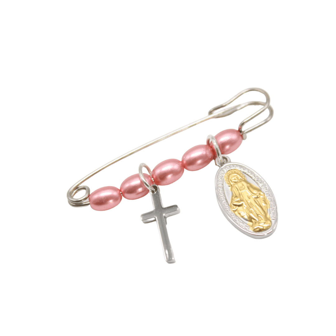 Baby Cross/Miraculous Medal Pin Brooch - Lt Blue/Purple/Pink/White (Personalisation Available)