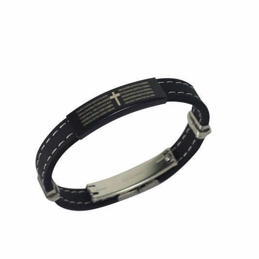 Rubber Bracelet  with Stainless Steel  Our Father's Prayer  (Black)