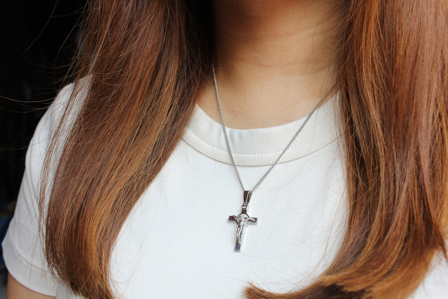Stainless Steel St Benedict Crucifix/Chain - Silver small