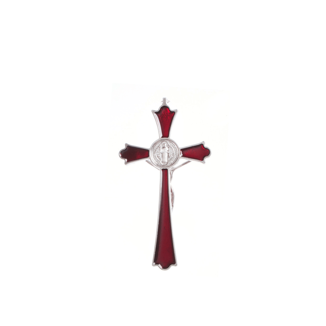 Metal St Benedict Wall Crucifix - 20cm (Black/Blue/Red)