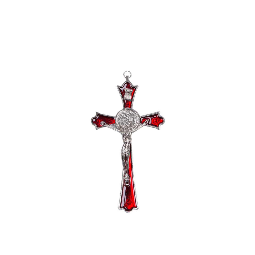 Metal St Benedict Wall Crucifix - 20cm (Black/Blue/Red)