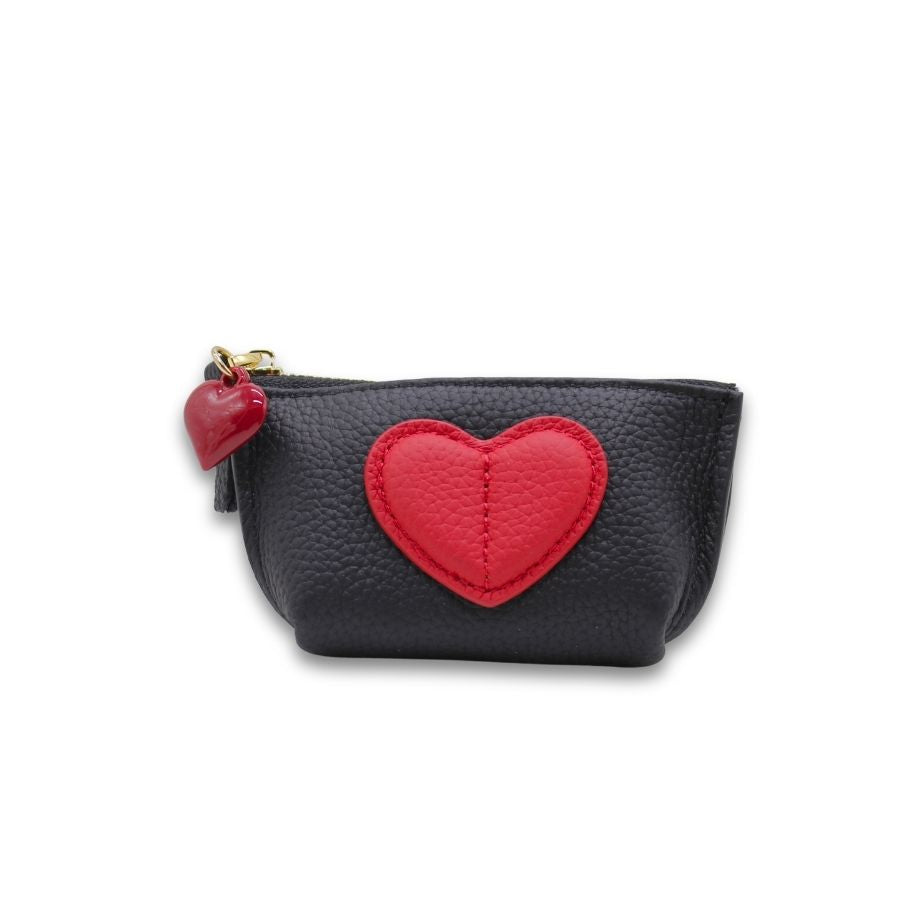 Leather Heart Rosary pouch With Zipper & Keychain - Brown/Black