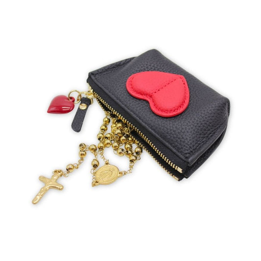 Leather Heart Rosary pouch With Zipper & Keychain - Brown/Black