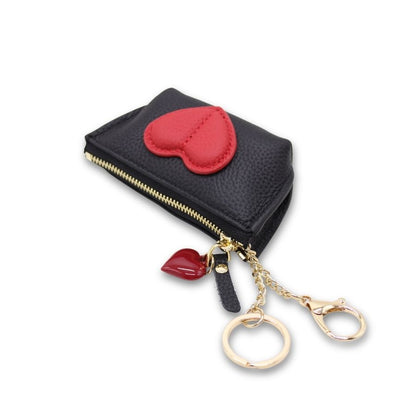 Leather Heart Rosary pouch With Zipper & Keychain - Brown/Black