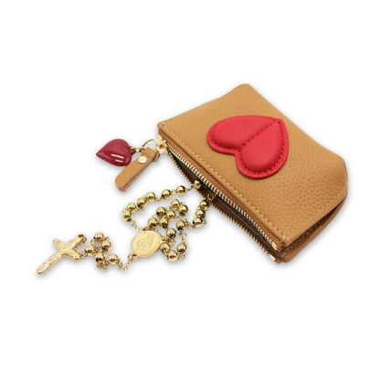 Leather Heart Rosary pouch With Zipper & Keychain - Brown/Black