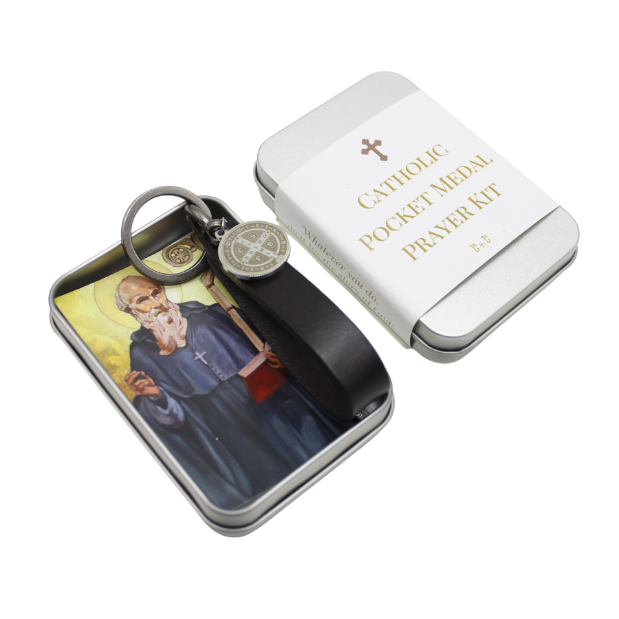 Pocket Medal Prayer Kit - Leather U Shackle Keychain with St Benedict Medal - Black/Brown/Tan
