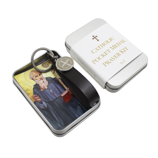 Pocket Medal Prayer Kit - Leather U Shackle Keychain with St Benedict Medal - Black/Brown/Tan