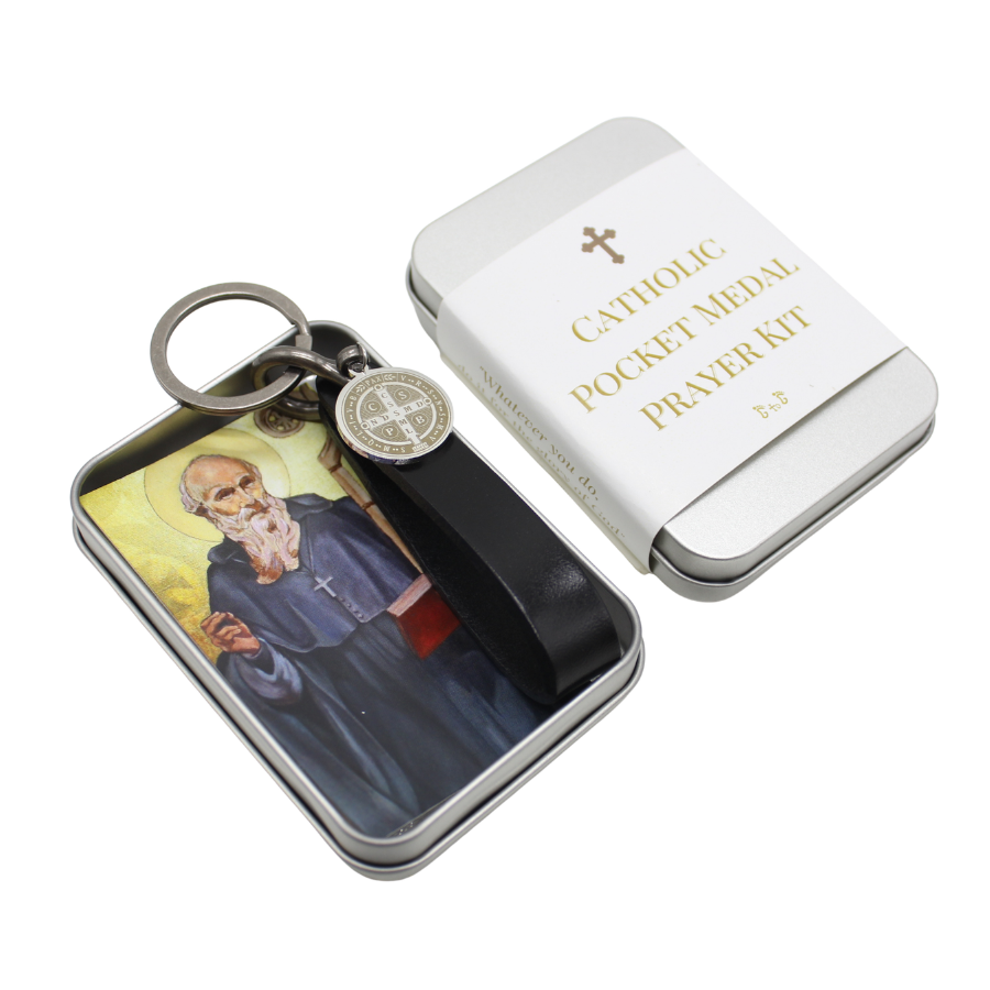 Pocket Medal Prayer Kit - Leather U Shackle Keychain with St Benedict Medal - Black/Brown/Tan