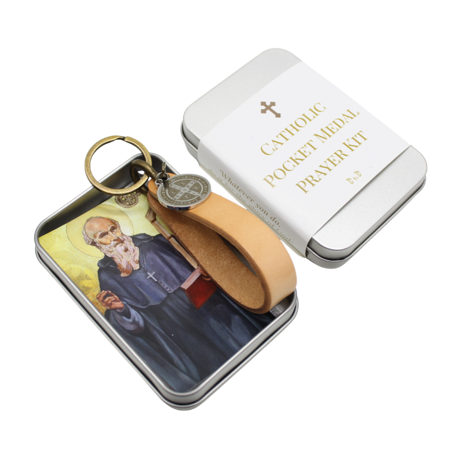 Pocket Medal Prayer Kit - Leather U Shackle Keychain with St Benedict Medal - Black/Brown/Tan