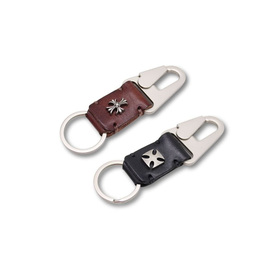 Leather Snaphook Keychain with Cross - Black/Brown