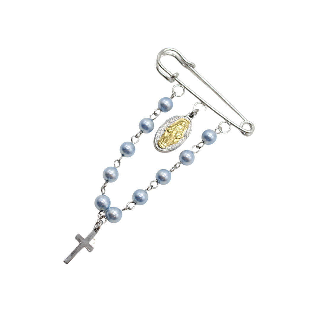 Baby Rosary Brooch/Miraculous Medal (Swaroski Pearl White/Pearl Pink)