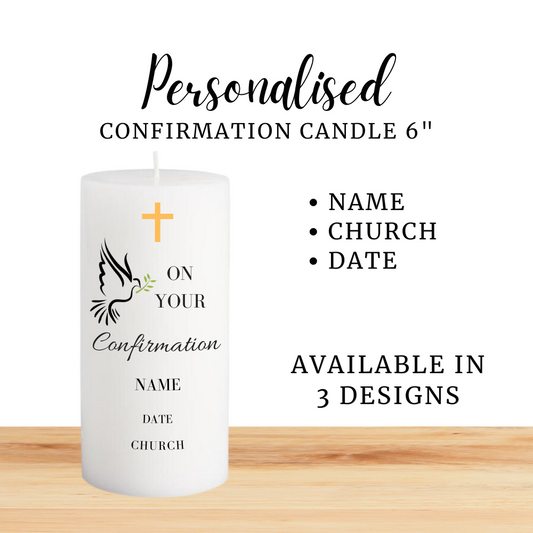 Personalised White Pillar Candle for Confirmation 15cm