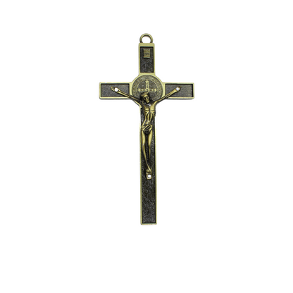 Metal St Benedict Wall Crucifix - 18cm (Brown/Bronze gold/Copper Red)