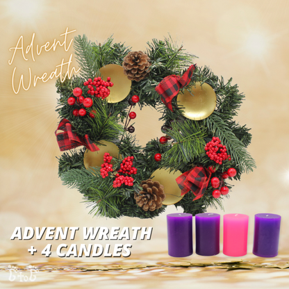 Christmas Advent Wreath 13" (Red Pinecones berries) + 4 Advent Candles