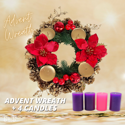 Christmas Advent Wreath 11" (Red Poinsettias) + 4 Advent Candles