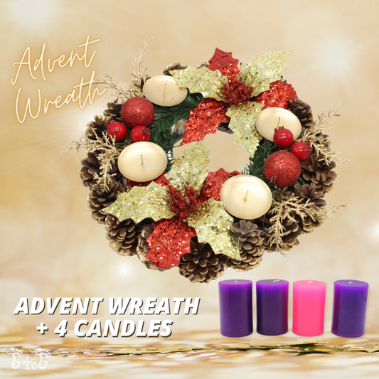 Christmas Advent Wreath 12" (Gold Red Poinsettas) + 4 Advent Candles )